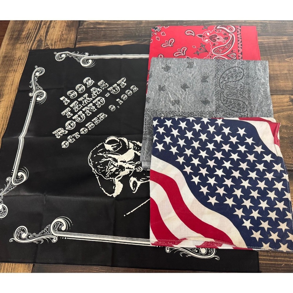 Vintage 90s Bandanas Set of 4 1992 Texas Round Up Rodeo Biker USA Flag Paisley